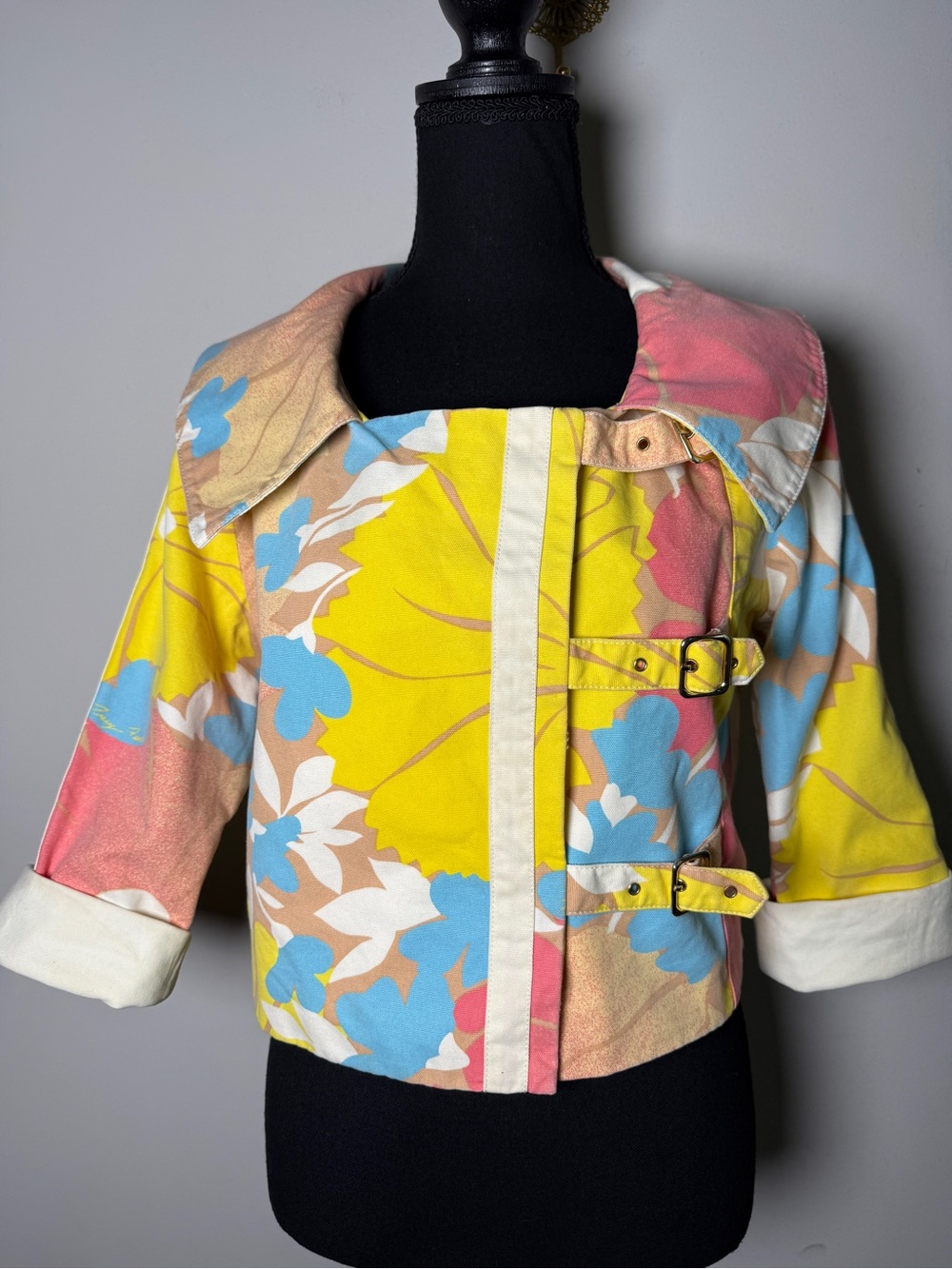 Tracy Feith x Target Floral Buckle Cropped Jacket Yellow Blue Coral Sz S